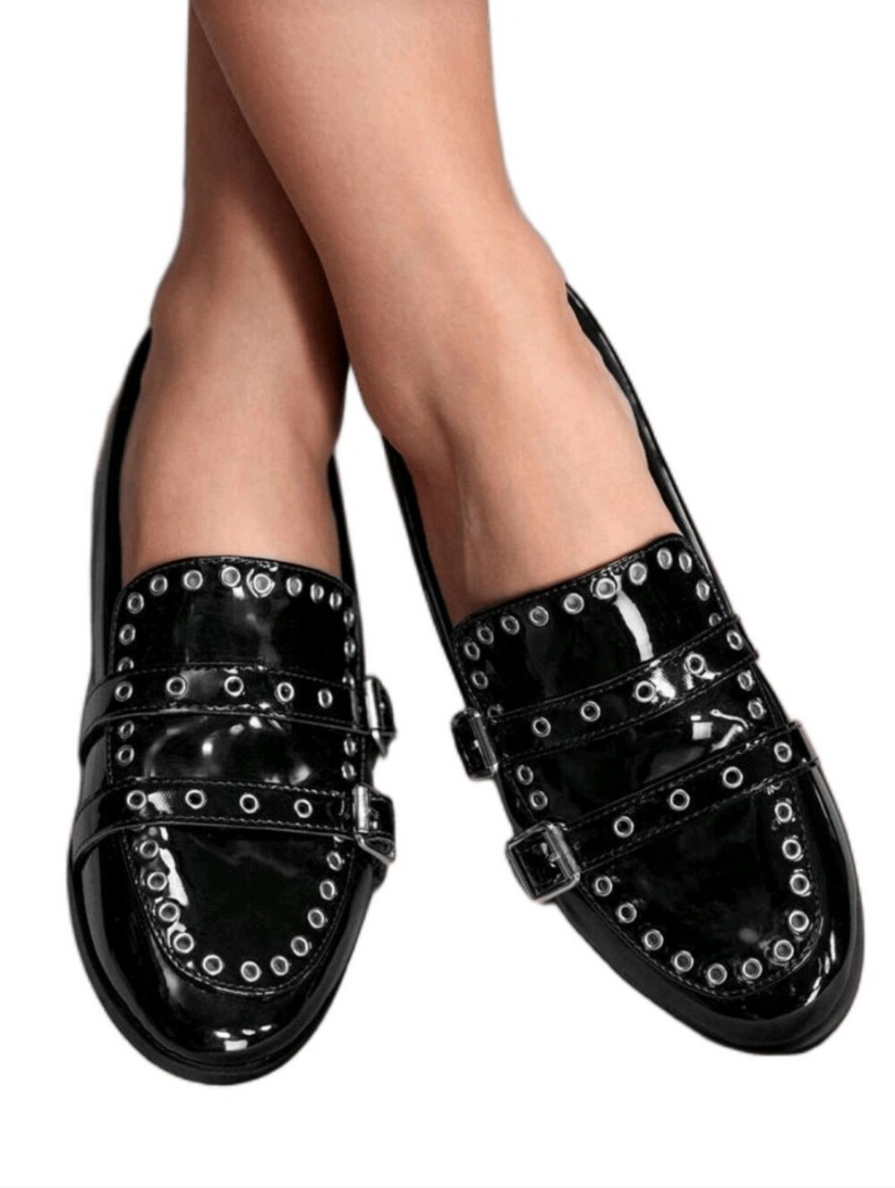 SHEIN Black Patent Studded Double-Strap Loafers - Women